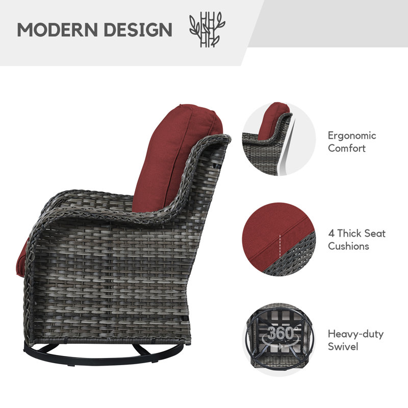 Chaises berçantes pivotantes pour l'extérieur, ensemble de patio en osier 3 pièces avec coussins épaissis, dossier haut, sièges profonds, accoudoirs larges, chaises pivotantes d'extérieur pour porche, terrasse