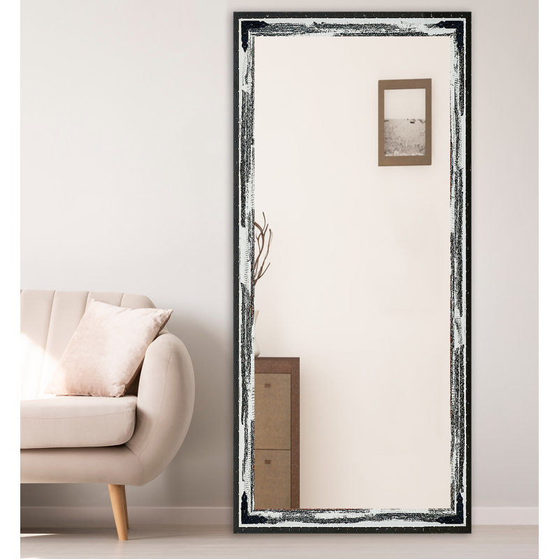Miroir pleine grandeur rustique patiné, Ivoire délavé rustique et noir, H 65,5 po x l 30,5 po