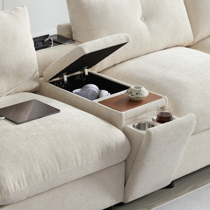 Modular Sectional Sofa with Console, Cup Holder, USB Charger, Movable Storage Ottoman, Beige Chenille
