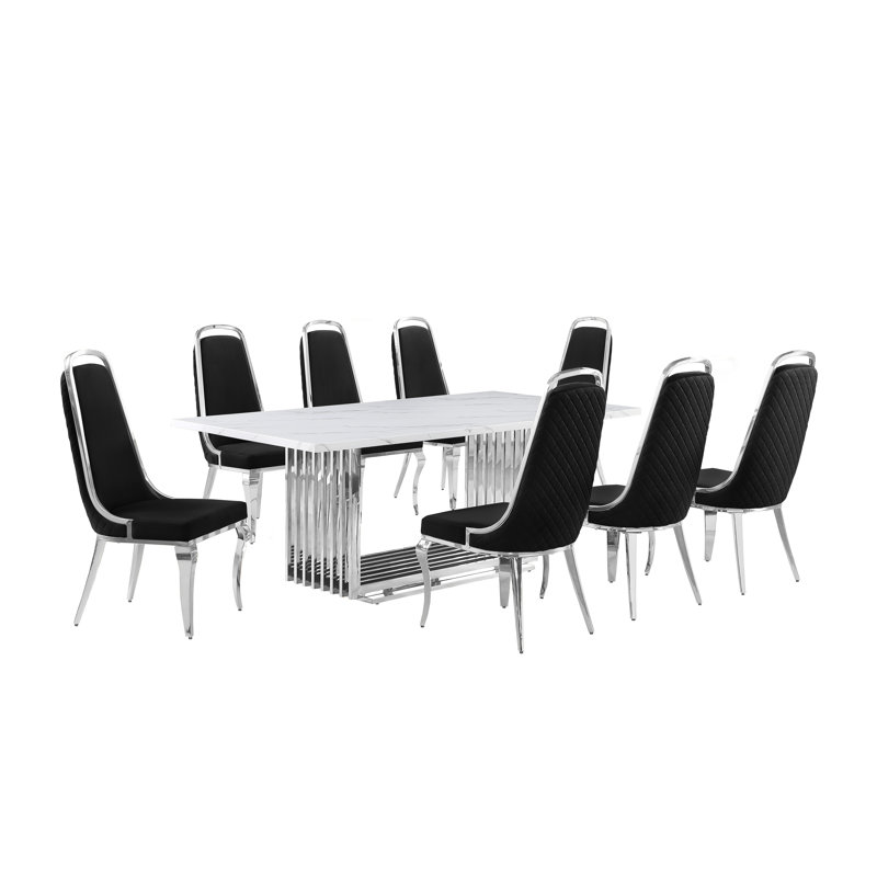 Ensemble de salle à manger rectangulaire L 79 po x l 40 po Kenne, Noir / argent, 9, Argent