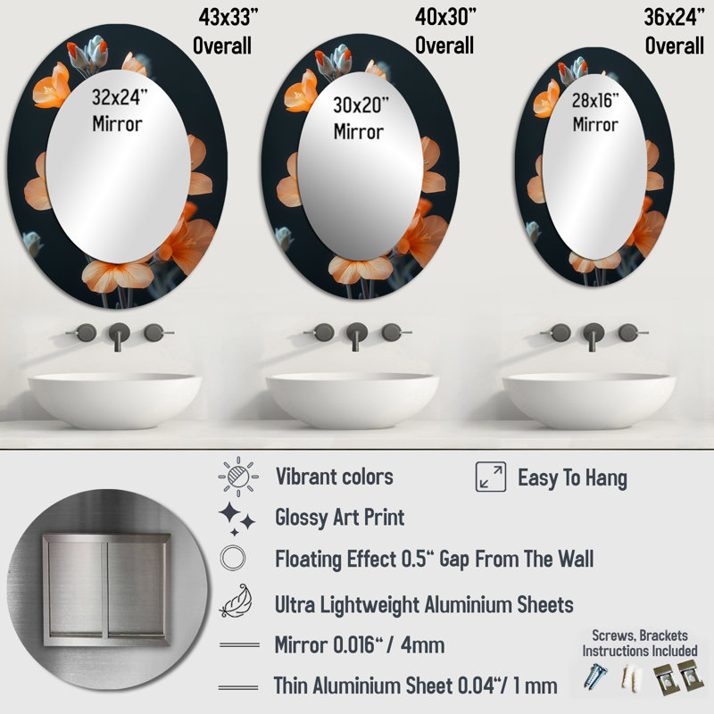 Grand miroir mural ovale orange et noir Cherry Blossoms II, 36 po x 24 po