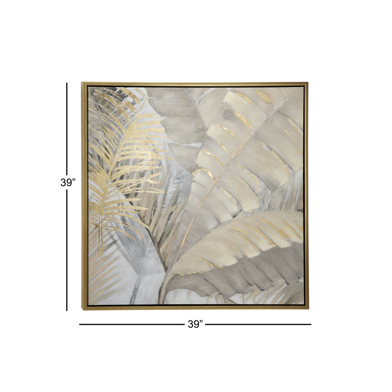 Gold and Gray Palm Leaf Framed Canvas Wall Art, 40" x 40"