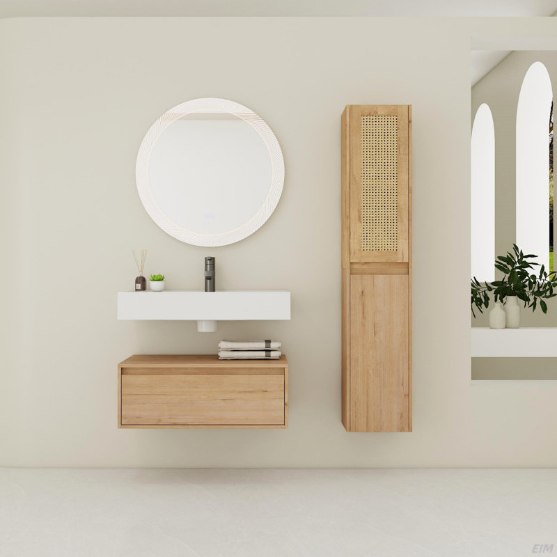 Meuble-lavabo mural 30 po avec lavabo en résine et armoire latérale, tiroir à fermeture en douceur (KD-Packing)