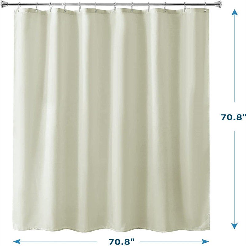Polyester Fabric Machine Washable Waterproof Shower Curtain Liner With Hooks, White, Ivory Beige