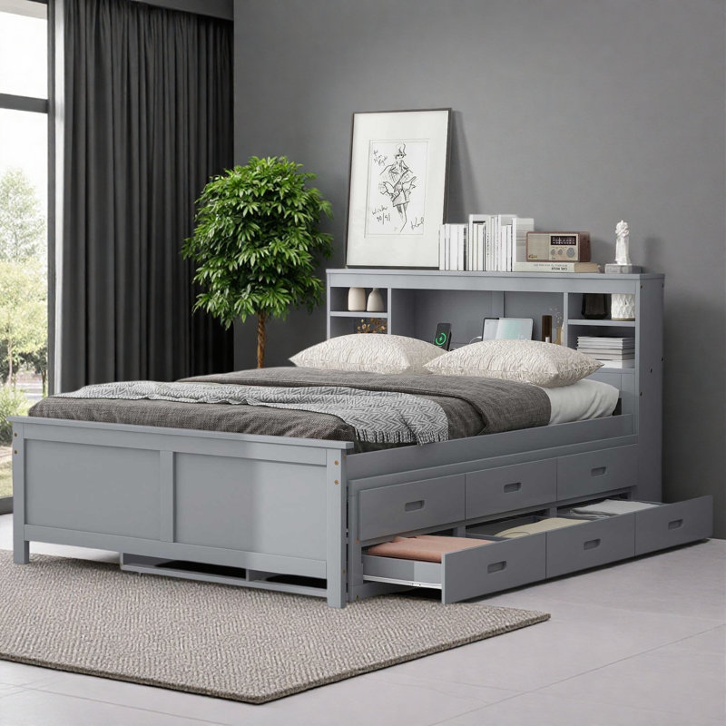 Lit plateforme double avec tête de lit, gigogne simple et 3 tiroirs, Lit double, Grey