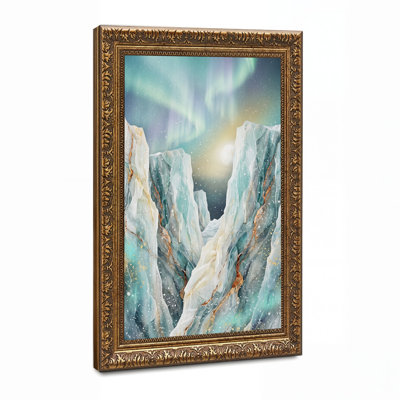 Art mural sur toile Teal Marble Mountains with Gold Veins under Aurora