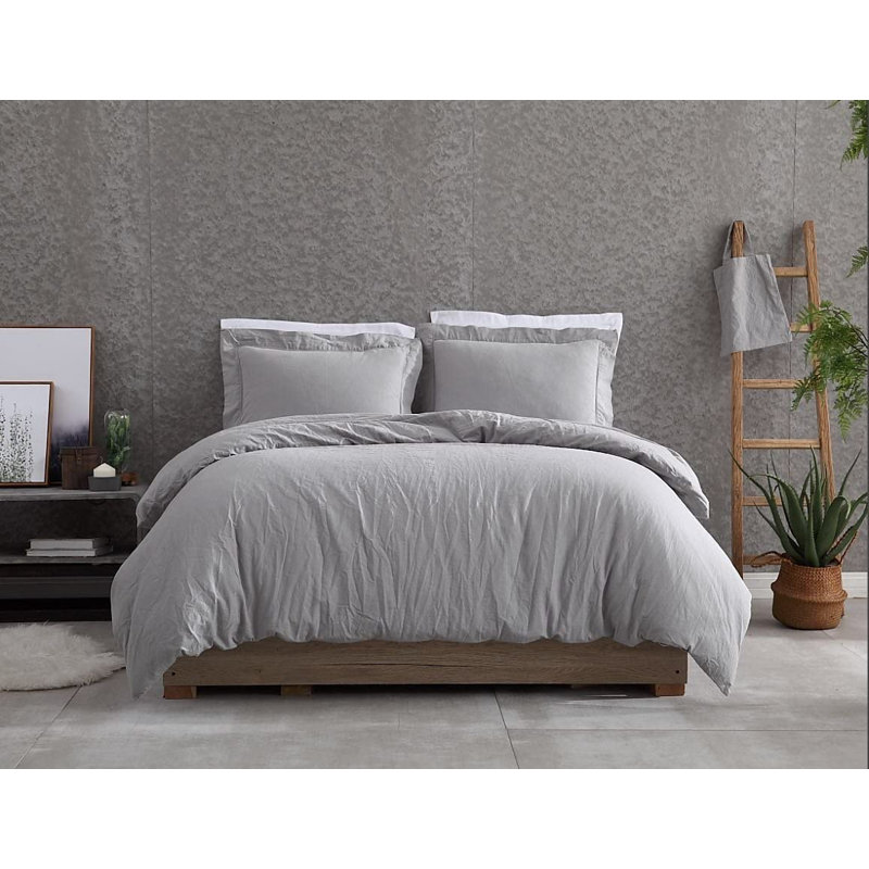 Washed Linen Cotton Blend 3-Piece Duvet Cover Set, King Comforter + 2 King Shams, Gray