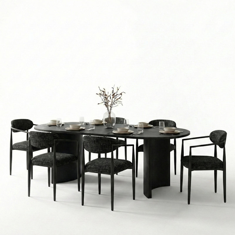 79'' Oval Dining Table Set For 6 With Upholstered Arm Chairs, 7-Piece Modern Dining Room Set, Black