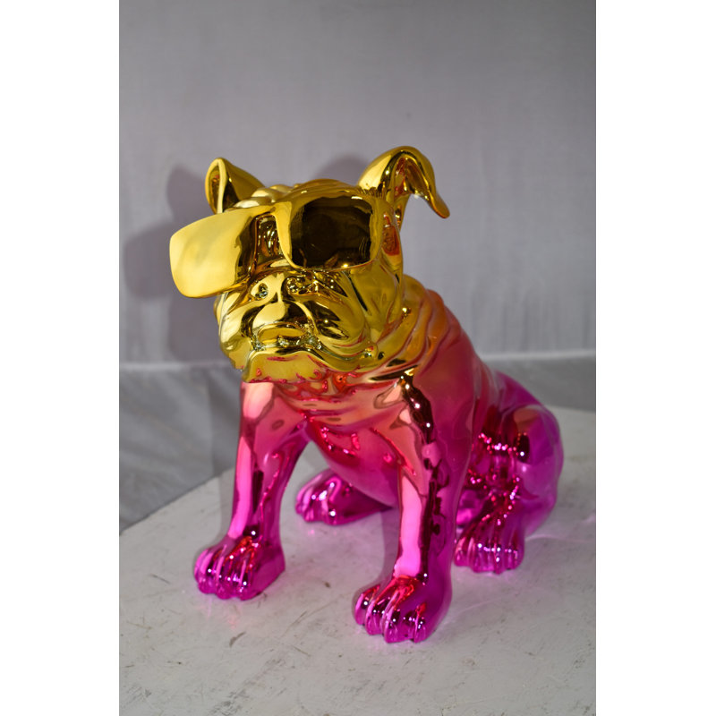 Statue de bouledogue Gorch avec lunettes de soleil en résine rose et dorée, taille: 17 po x 9 po x H 13 po