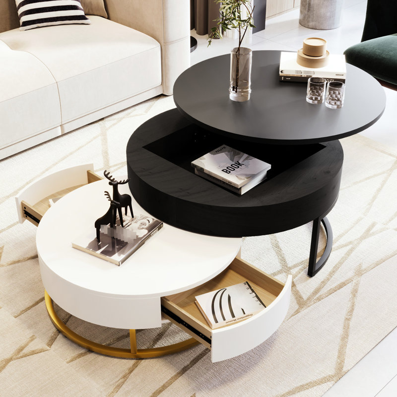 Tables basses gigognes modernes à plateau relevable avec 2 tiroirs, blanc et noir, parfaites pour le rangement et le style