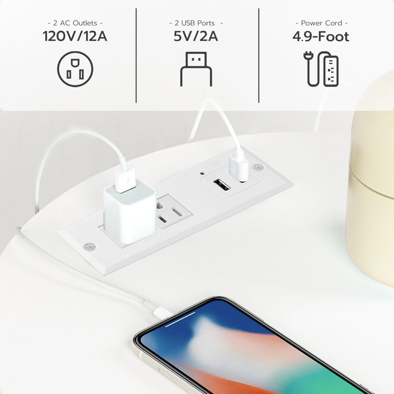 Table de bout ronde 19,7 po avec station de charge Deandra, Blanc / doré