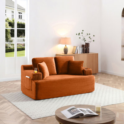 Canapé de 66,5 po sans canapé avec 2 coussins supplémentaires, tissu en velours côtelé 2 places avec porte-gobelet et poche latérale avec revêtement de sol facile à installer (orange, 2 places)
