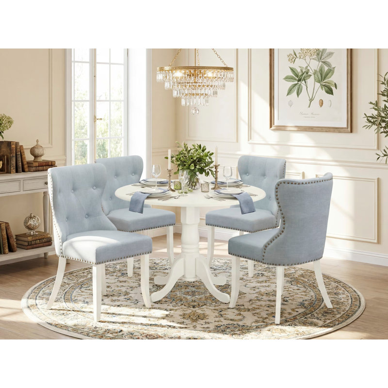 L'ensemble 5 pièces de table et chaises de cuisine comprend une table de salle à manger ronde avec Dropleaf et 4 chaises Parsons en tissu bleu bébé, 42 x 42 pouces, lin blanc