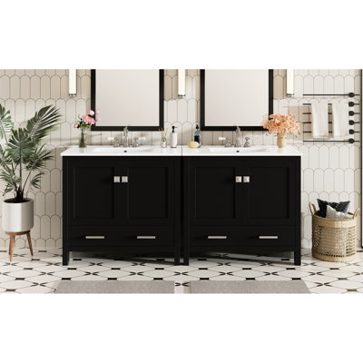 Armoire de salle de bain 72 po noire avec double meuble-lavabo, grand espace de rangement et charnières à fermeture en douceur pour une construction élégante et fonctionnelle de 72 po, portes et tablettes efficaces