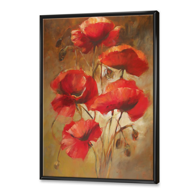 Red Blossoming Poppies IV - peinture sur toile, Toile avec cadre noir, H 32 po x l 16 po x P 1 po