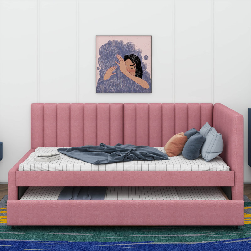 Upholstered Daybed With Hidden Sliding Sofa Bed Frame, Twin, Pink