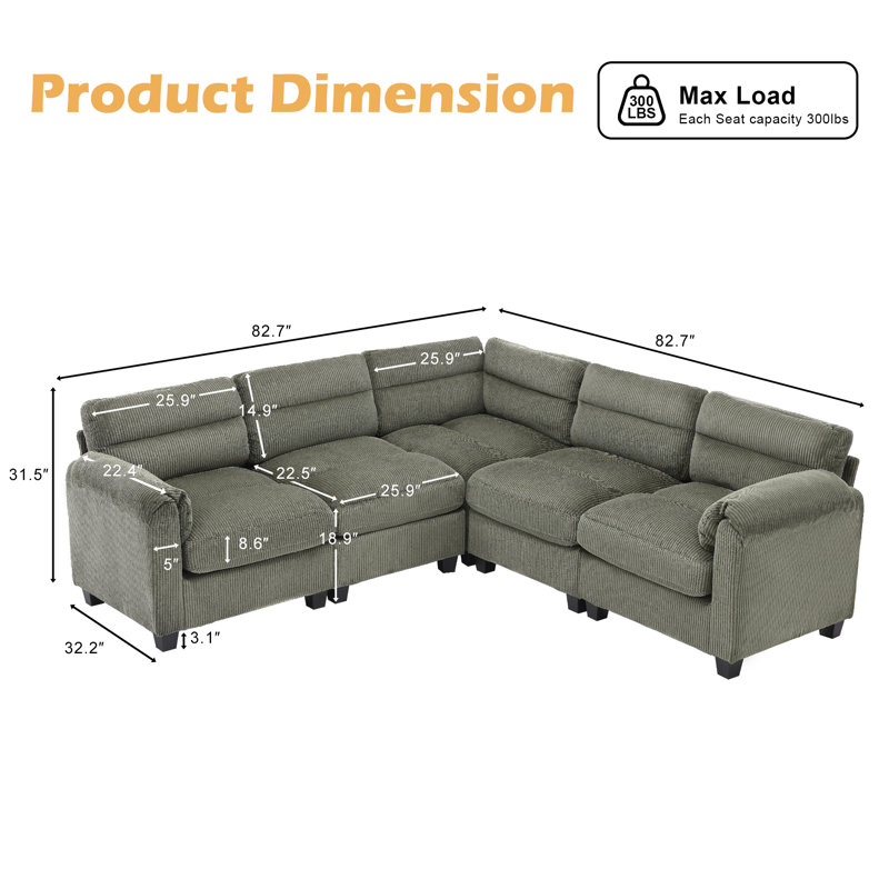 Dona 5-Piece L-Shaped Corduroy Upholstered Modular Sectional, Pillowtop Arm, Green Corduroy