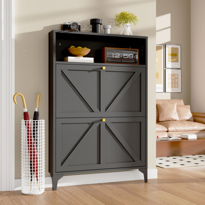 Shoe Cabinet With 2 Flip Drawers And Open Top Space-metal Narrow Shoe Rack For Entryway,hallway,living Room-hidden Metal Shoe Cabinet-freestanding Shoe (2 Door, Black)