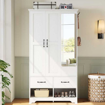 3-door Solid Wood Armoire With Mirror, 2 Drawers, 2 Shoe Racks, 35.4" W × 70.4" H Wardrobe Closet With 6 Shelves, Closet Storage cabinet With Hanging by Lark Manor