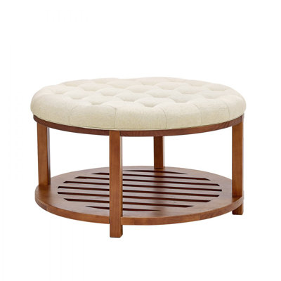 Large Round Ottoman Coffee Table, 31.9 Inch Tufted Coffee Table with Solid Wood Shelf Storage, Linen Solid Upholstered Footrest Ottoman for Bedroom Li by Ebern Designs