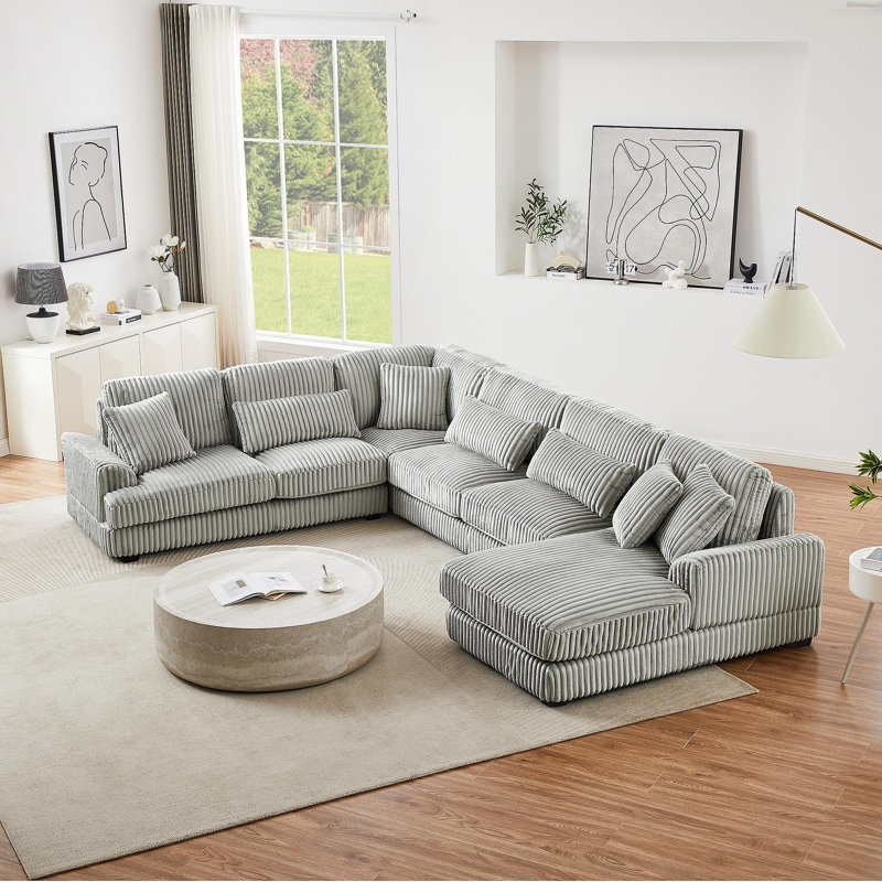 Canapé modulaire surdimensionné de 129 po en forme de U de 129 po Canapé moderne recouvert de velours côtelé doux avec une chaise longue pour le salon, gris