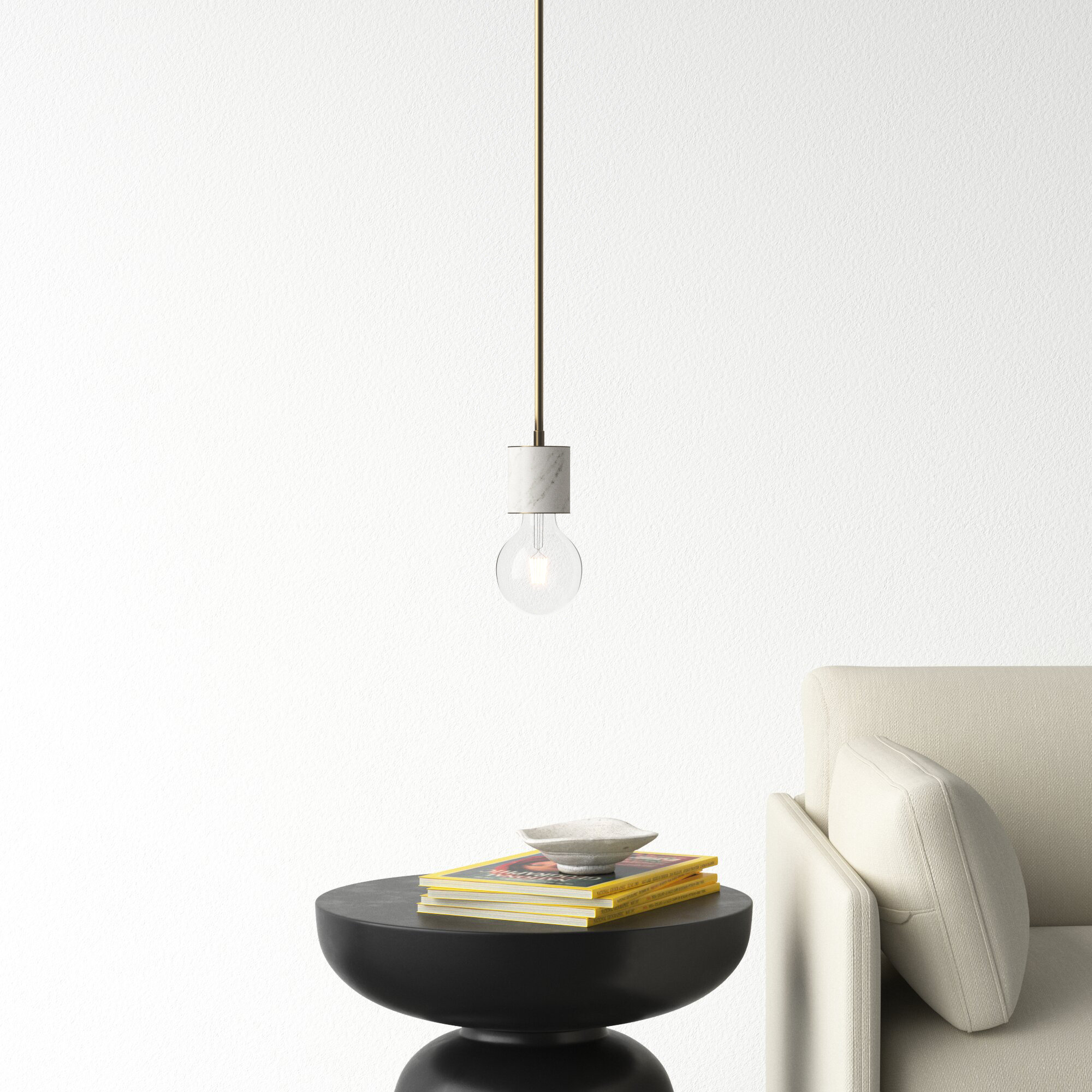 Single Light Pendant, Vintage Brass/White
