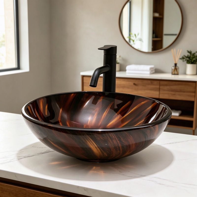 Vasque à poser ronde en verre trempé brun ambré, de style artistique, avec bonde escamotable, sans robinetterie.