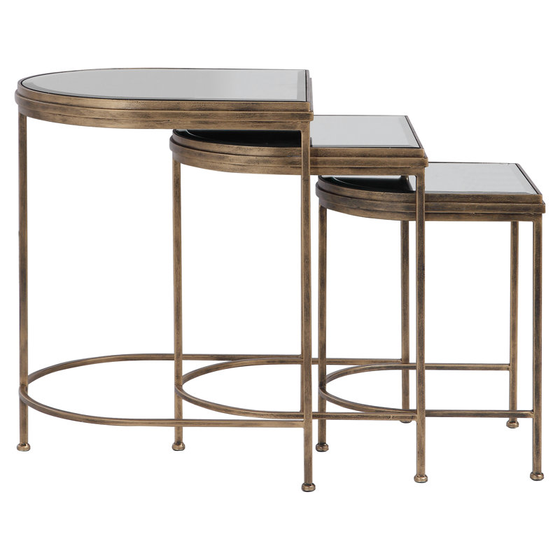 Antique Gold and Mirrored Glass Nesting Tables Set of 3