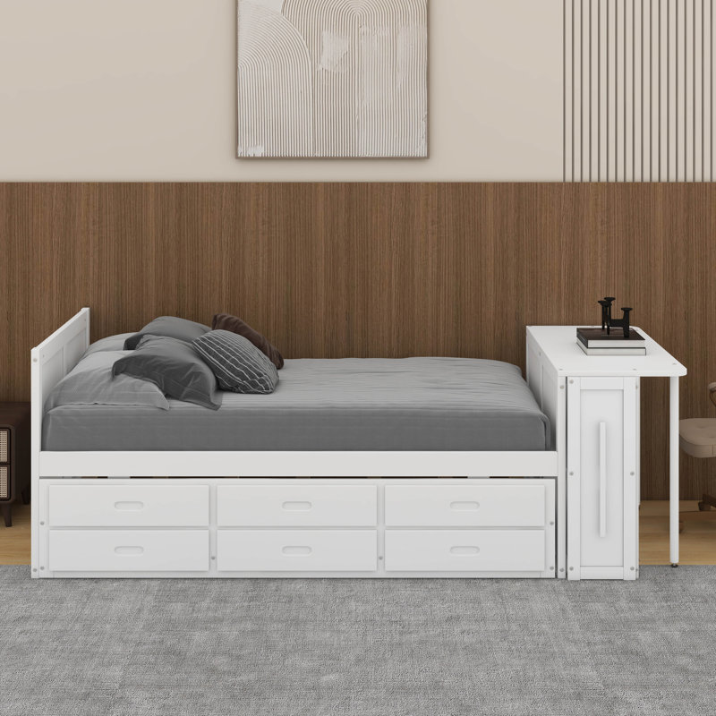 Lit plateforme simple en bois avec bureau et tablette de rangement, Blanc