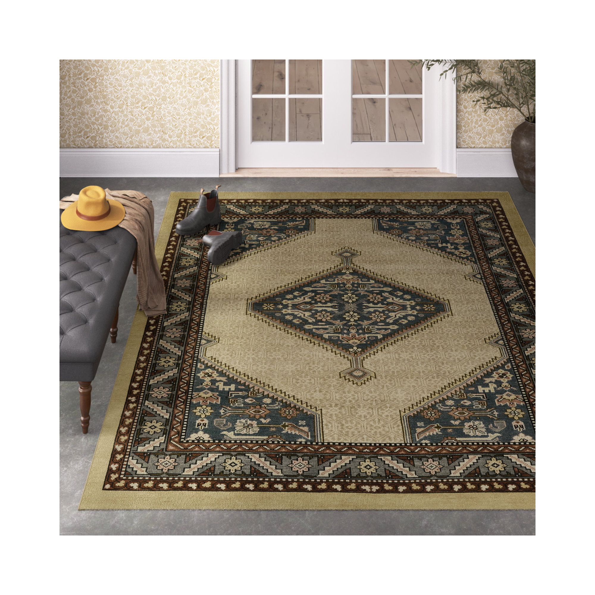 Handmade Blue/Beige Rug, Rectangle 5' x 8'