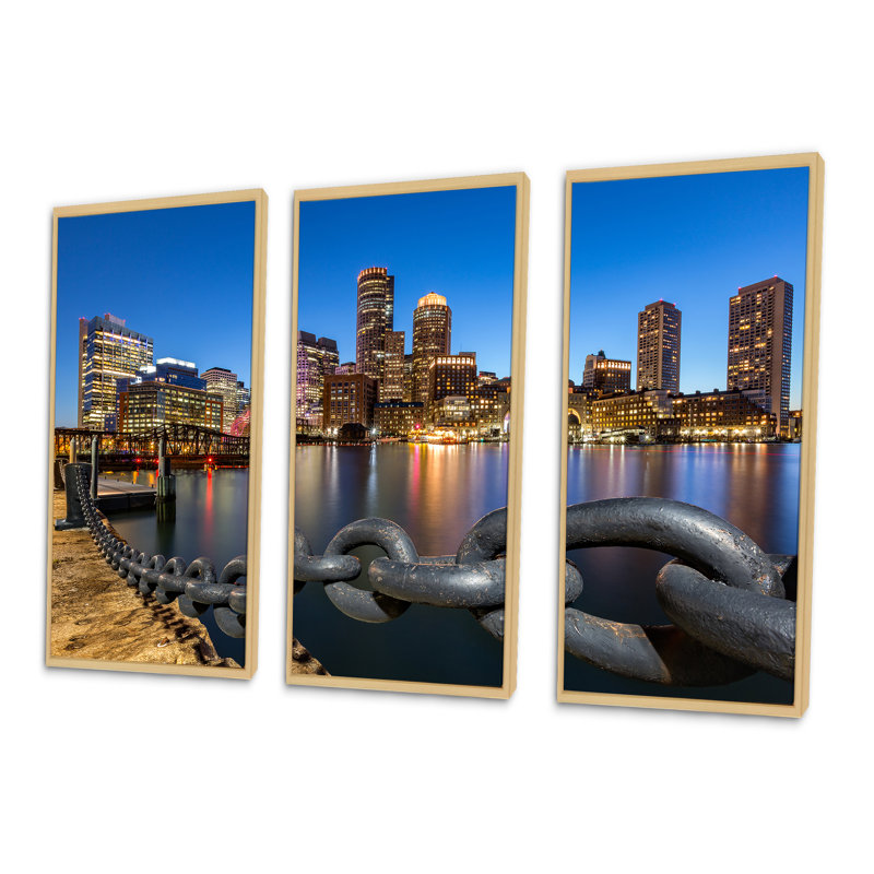 «Boston Skyline At Dusk - Cityscape», ensemble d'art mural sur toile encadré, H 20 po x l 36 po x P 1 po, Brun