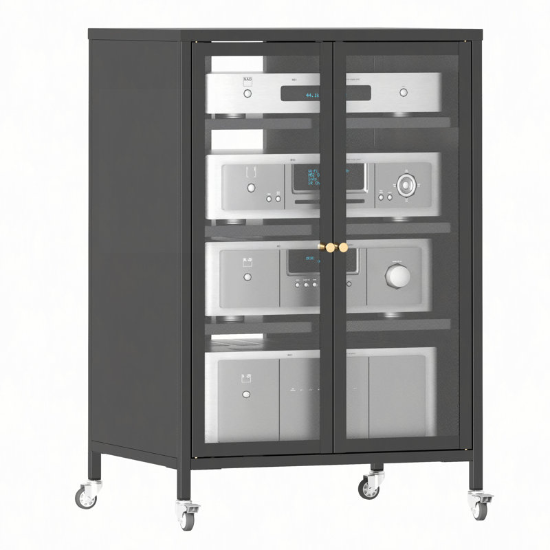 Armoire de rangement multimédia haute de 35,8 po avec roulettes, meuble télé stéréo AV avec 4 tablettes et porte réglables en verre, structure en acier robuste pour le salon, assemblage facile
