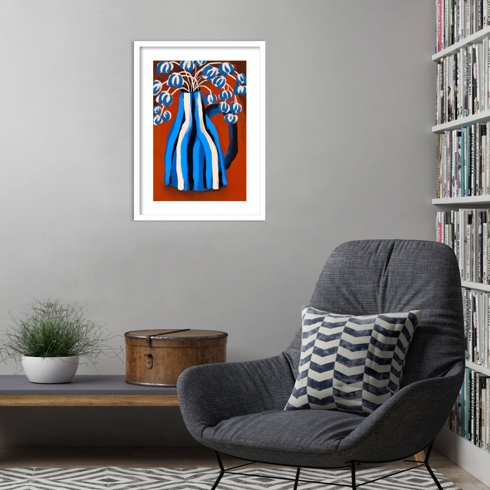 Striped Vase by Treechild Wood Framed Wall Art Print, White, 25" H x 19" W