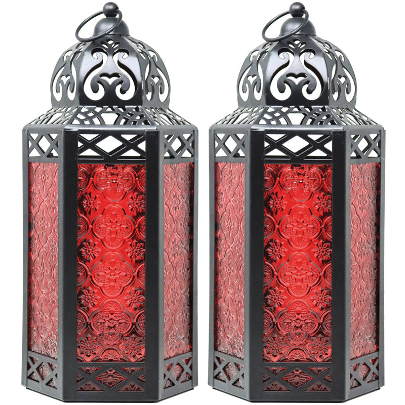 Moroccan Candle Lantern Decorative Candle Holder Lamp for Table or Hanging, Ramadan Decorations, Weddings, Indoor Home Decor, Outdoor Patio or Porch (Set of 2)