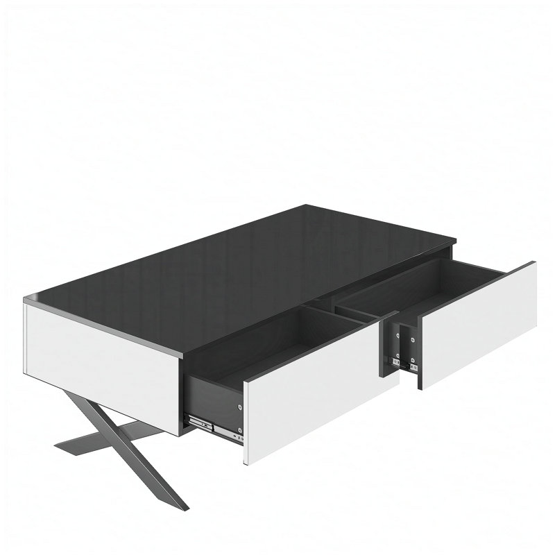 Table basse rectangulaire à miroir avec rangement, base en métal et plateau noir ultrabrillant pour les salons modernes