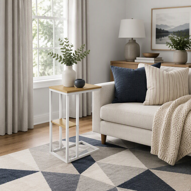 Table d'appoint en forme de C avec tablette ouverte, parfaite pour le salon et la chambre à coucher, design contemporain et moderne