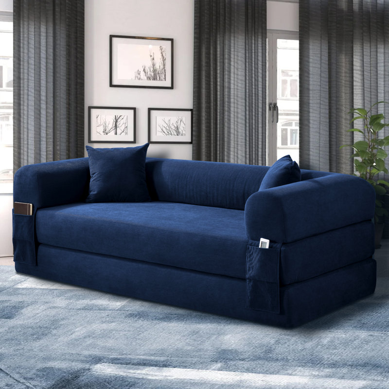 Floor Couch -3 Seats Compression Sofa - Convertible Floor Sofa Bed - with 2 Pillows, Deep Blue, 26" H x 80" W x 30" D