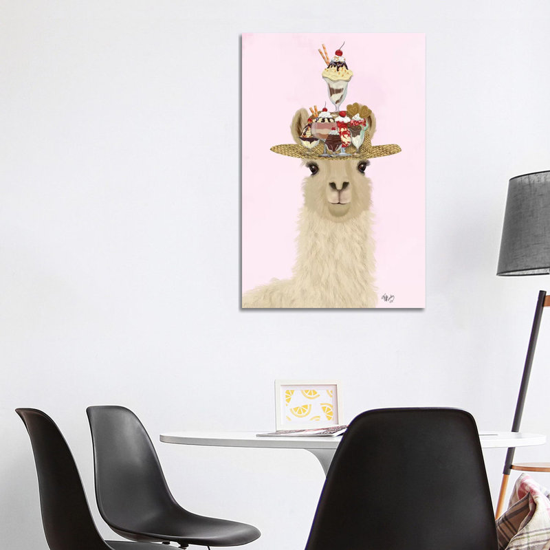 «Llama Ice Cream Hat» par Fab Funky - impression d'art graphique, Aucun mat, H 40 po x l 26 po x P 1,5 po, Toile tendue
