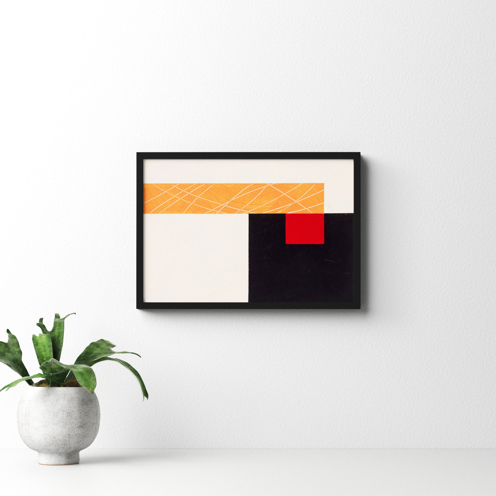 Composition With Yellow 1 by Robert Kamnatnik, Black Framed Paper, 14" H x 20" W x 1.25" D