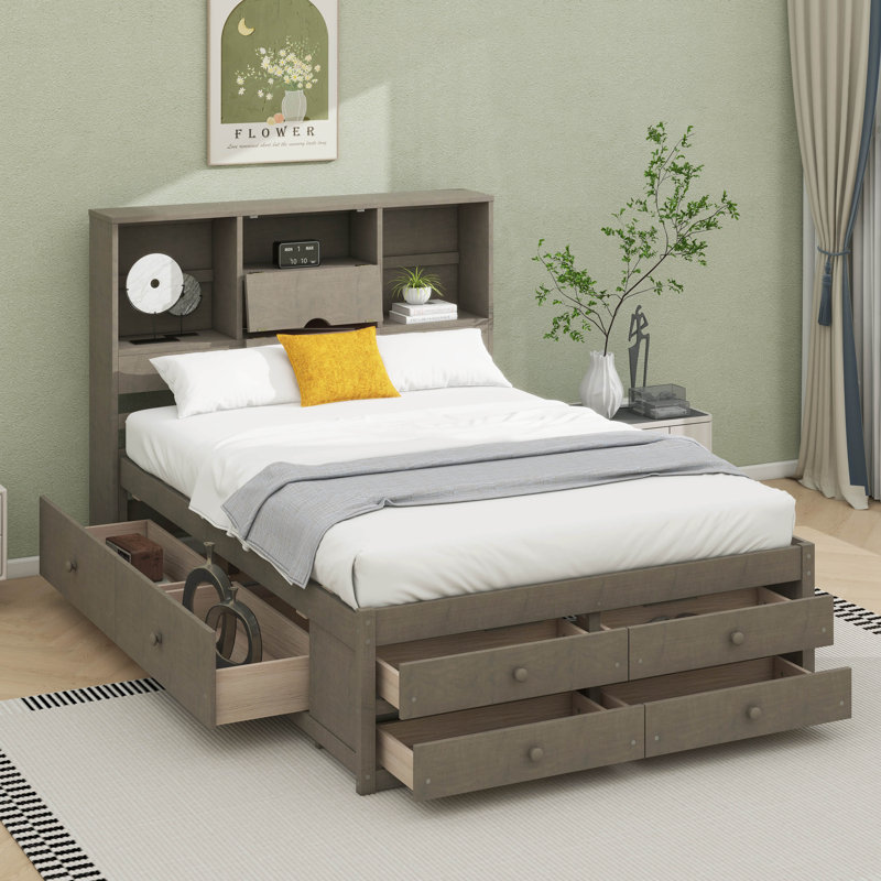 Lit plateforme avec tête de lit avec rangement et 8 tiroirs, Gris, Grand lit