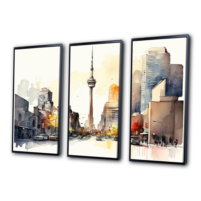 Toronto Skyline VIII - 3 pièces sur toile, Cadre noir, H 32 po x l 48 po x P 1 po