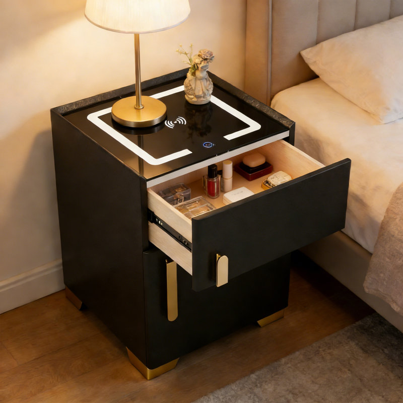 Table de chevet intelligente - prête à l'emploi, rangement sécuritaire, chargement sans fil, éclairage 3 couleurs - organisateur de chambre à coucher sans installation nécessaire