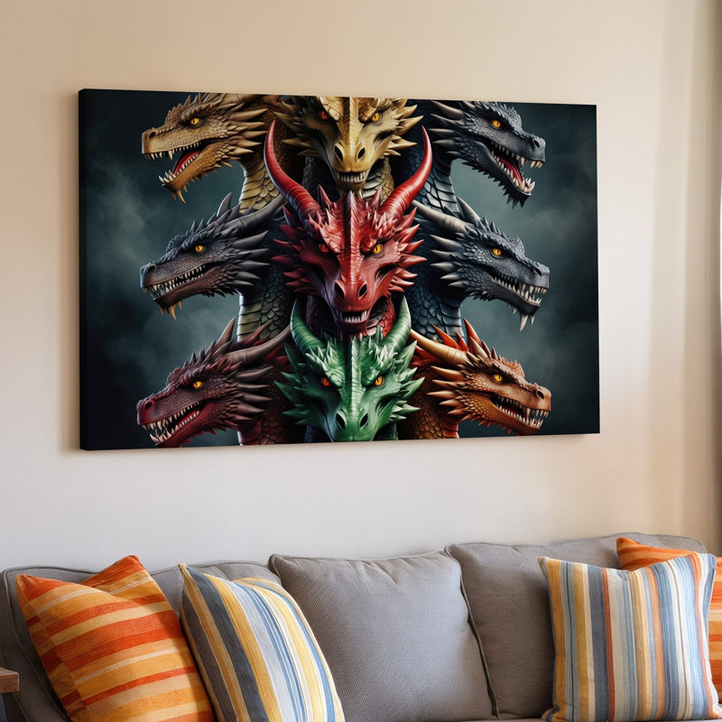Toile, une composition dramatique et complexe mettant en vedette six majestueux dragons, chaque art mural avec des couleurs et des textures distinctes disposées sur toile