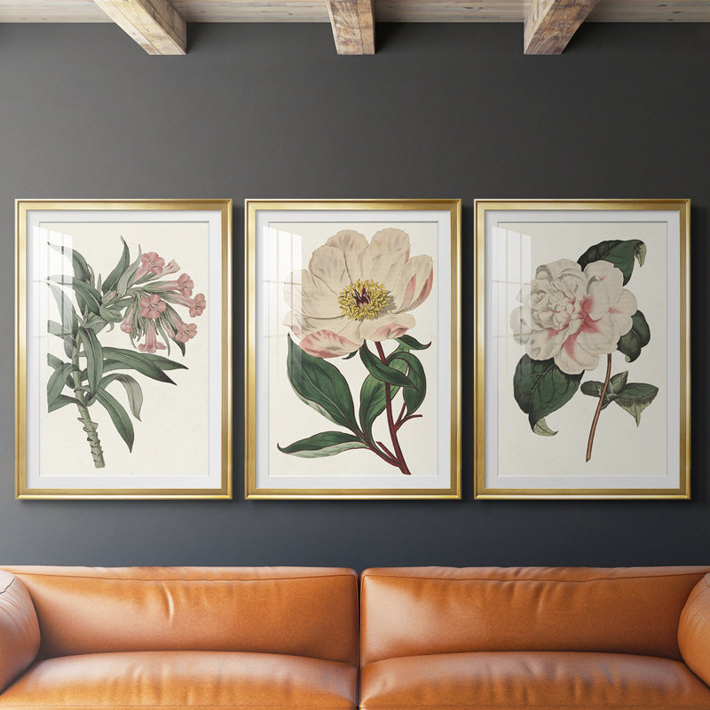 Mélange de fleurs roses VI - impression sur mesure encadrée de qualité supérieure - 3 pièces, H 21 po x l 30 po, Doré