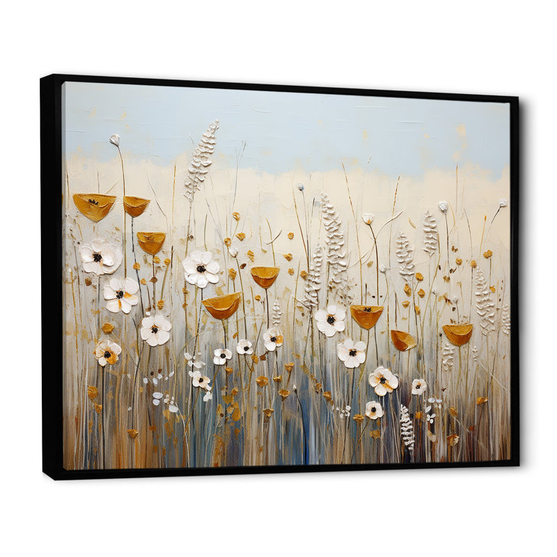 Élégance florale beige - Fleurs murales, art mural, H 30 po x l 40 po x P 1,5 po, Cadre flottant noir