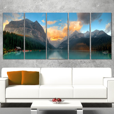 Ensemble 5 pièces d’art mural sur toile tendue, lake louise lever banff park