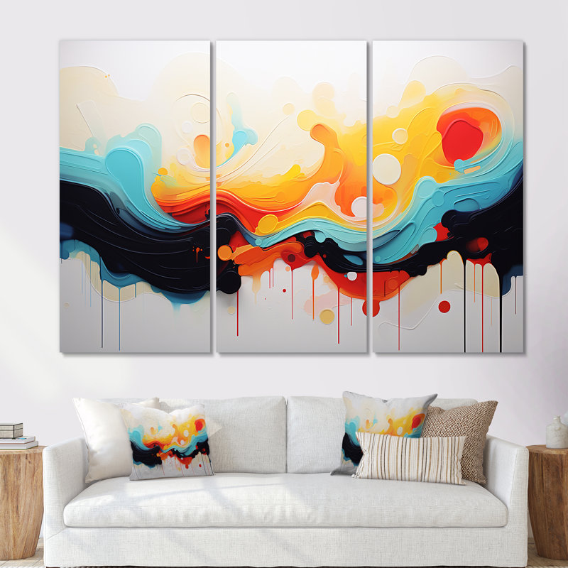 «Yellow Fractal Paint Wave Expression 3», art mural abstrait, H 28 po x l 36 po x P 1 po, Toile tendue