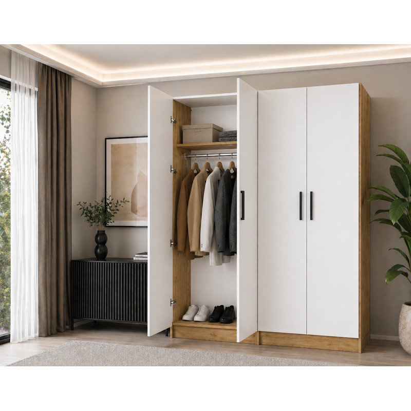 Nitra 4 Door Solid + Manufactured Wood Wardrobe, Oak Craft Gold/White