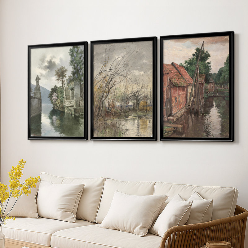 Paysage rétro CXV III - Toile tendue avec châssis sur mesure - 3 pièces, H 21 po x l 30 po