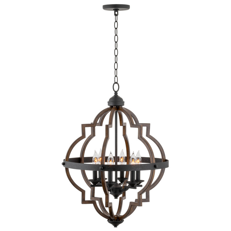 Estefanita 6 - Light Dimmable Geometric Chandelier, Textured Black Accents/Walnut Style Finish